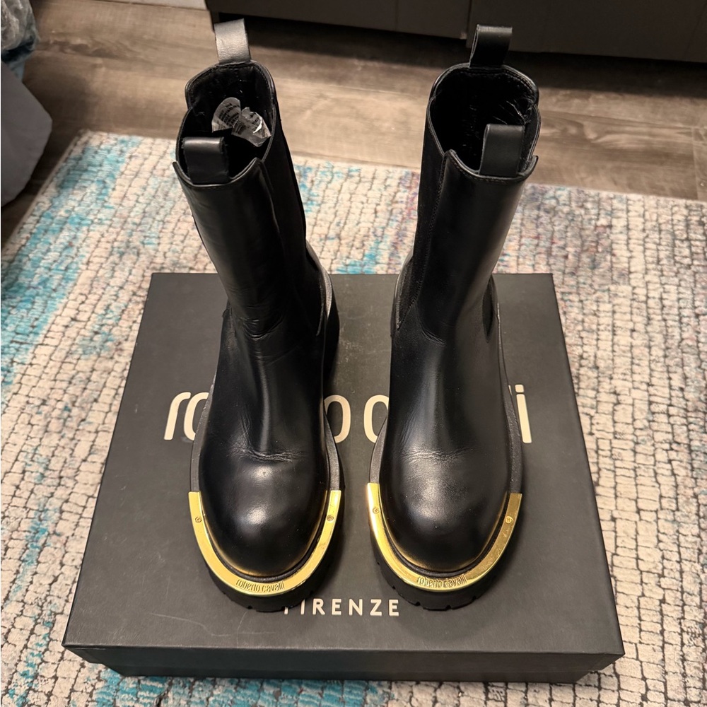 Roberto Cavalli Black Boots with Gold Detailing